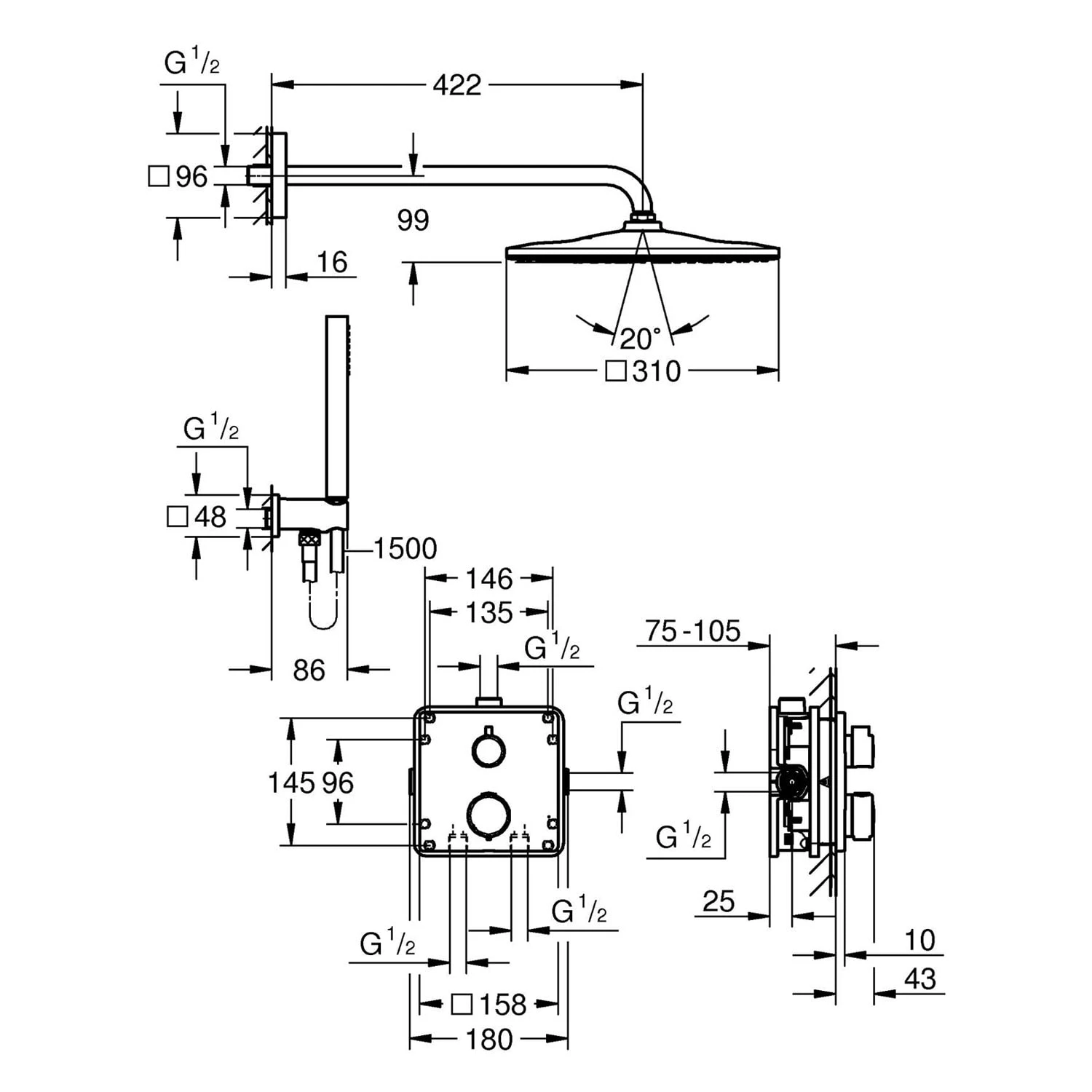 GROHE Precision Duschsystem Unterputz Mit Vitalio Rain Mono 310, Eckig 7 GROHE Precision Duschsystem Unterputz Mit Vitalio Rain Mono 310, Eckig – Bild 5
