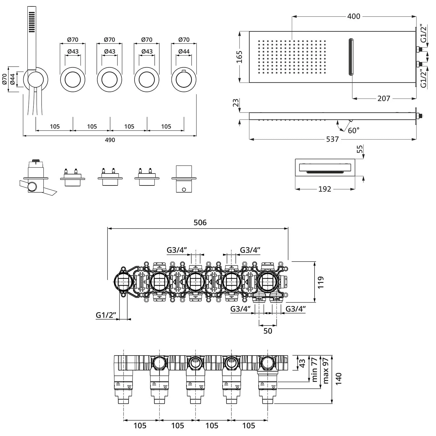 Herzbach MODUL7 BLACK Duschsystem P-MU2 Mit PUSH Thermostat Und Regenbrause Eckig 5 Herzbach MODUL7 BLACK Duschsystem P-MU2 Mit PUSH Thermostat Und Regenbrause Eckig – Bild 3