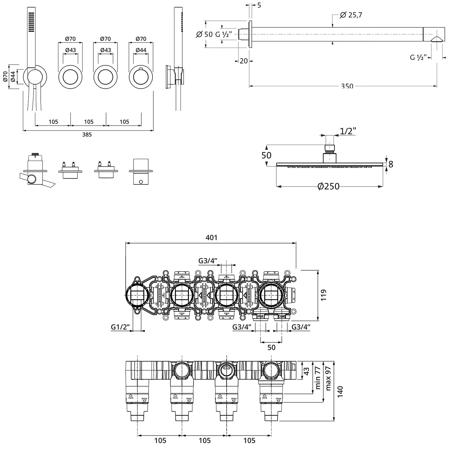 Herzbach MODUL7 IX Duschsystem P-RB250 Mit PUSH Thermostat Und Kopfbrause Rund 6 Herzbach MODUL7 IX Duschsystem P-RB250 Mit PUSH Thermostat Und Kopfbrause Rund – Bild 4