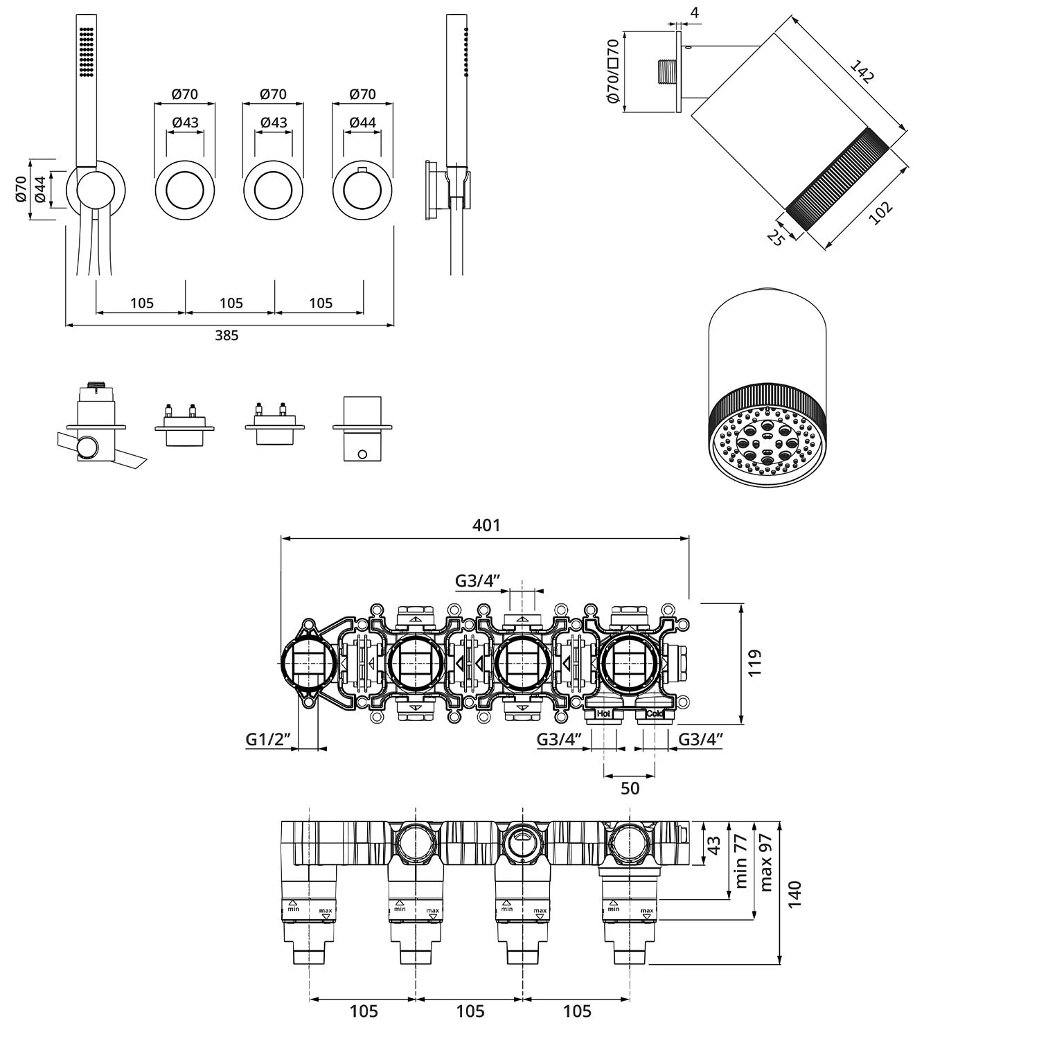 Herzbach MODUL7 Duschsystem P-SP3 Mit PUSH Thermostat Und Kopfbrause SPOT 5 Herzbach MODUL7 Duschsystem P-SP3 Mit PUSH Thermostat Und Kopfbrause SPOT – Bild 3