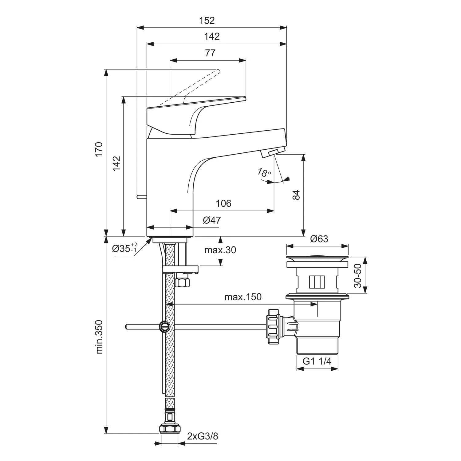 Ideal Standard Cerabase Waschtischarmatur H80 Mit Ablaufgarnitur Ausladung 10,6 Cm 5 Ideal Standard Cerabase Waschtischarmatur H80 Mit Ablaufgarnitur Ausladung 10,6 Cm – Bild 3