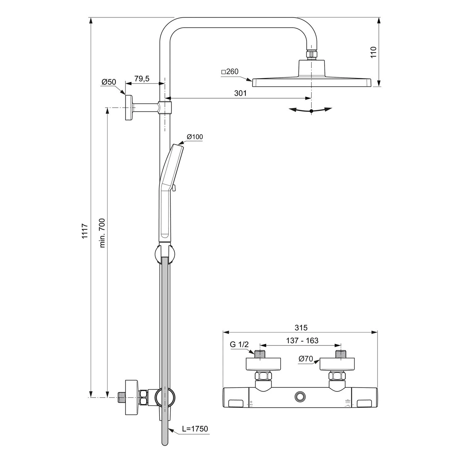 Ideal Standard Ceratherm T25 N Duschsystem, Kopfbrause Eckig 6 Ideal Standard Ceratherm T25 N Duschsystem, Kopfbrause Eckig – Bild 4